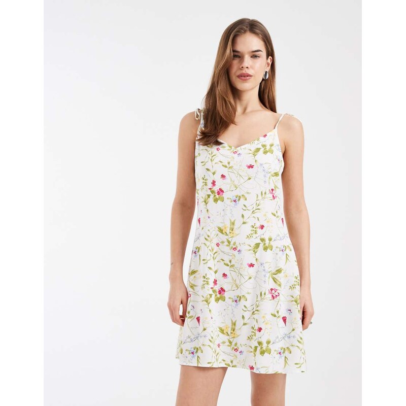 Vero Moda Easy tie shoulder cami mini dress in white wild floral print