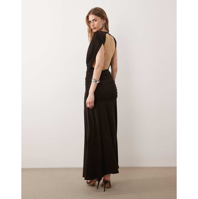 TFNC slinky draped cowl neck and back maxi dress in chocolate