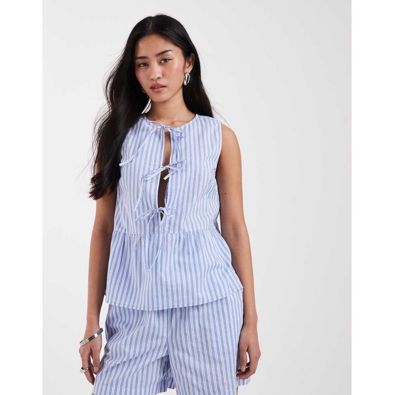 Pieces tie front peplum hem top co-ord in blue and white stripe 114962261