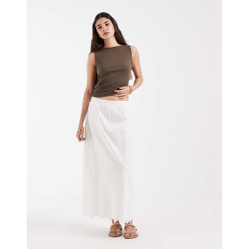 Pieces embroidered hem cotton boho maxi skirt in white