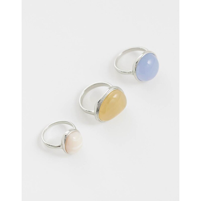 ASOS DESIGN pack of 3 rings with pastel stone-settings in silver