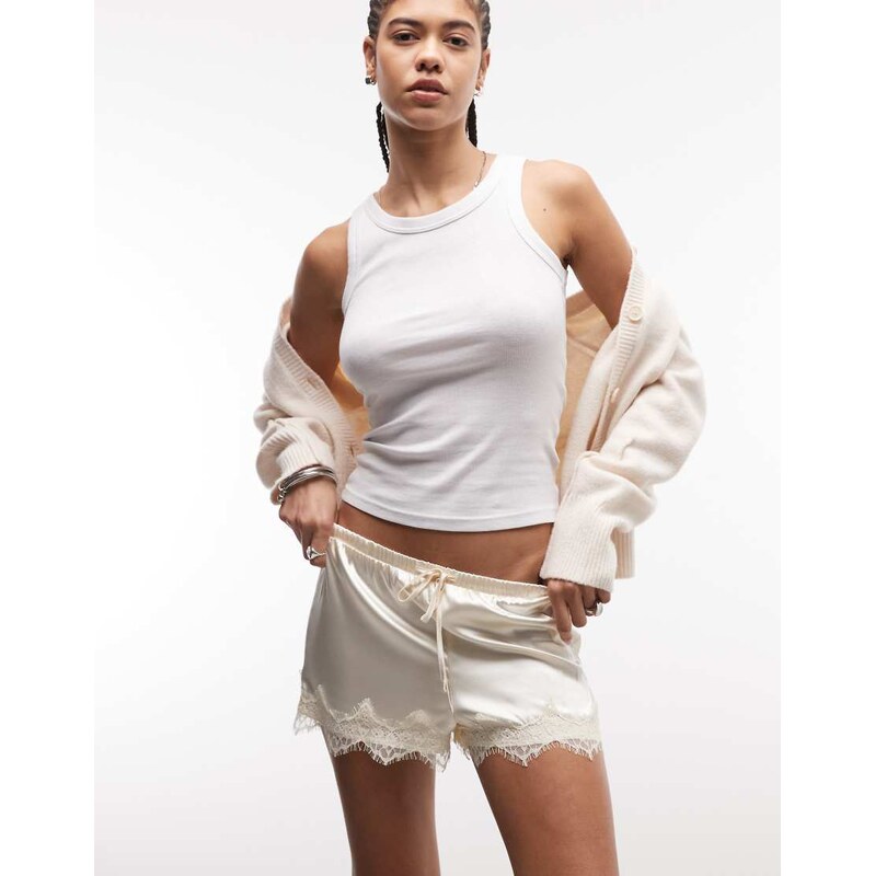 Noisy May low rise satin shorts with lace hem in ivory-White 114962281