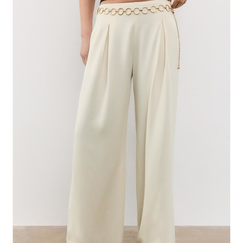 Stradivarius Petite satin trousers with darts and chain in ecru-White 114962329