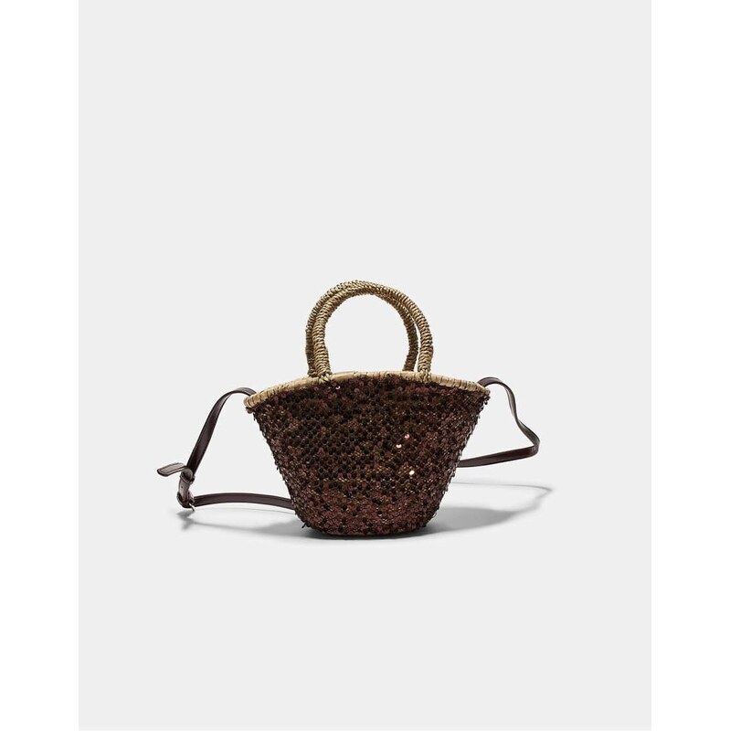 Stradivarius Mini sequinned basket bag in brown