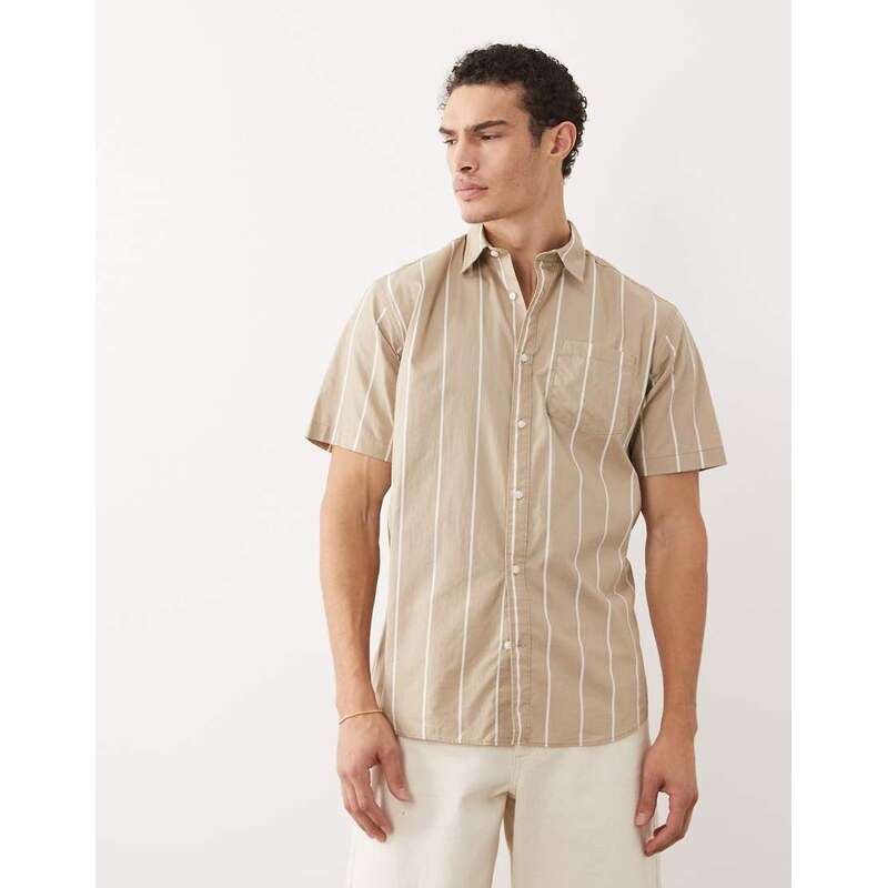 Jack & Jones short sleeve slim shirt in beige stripe-Neutral