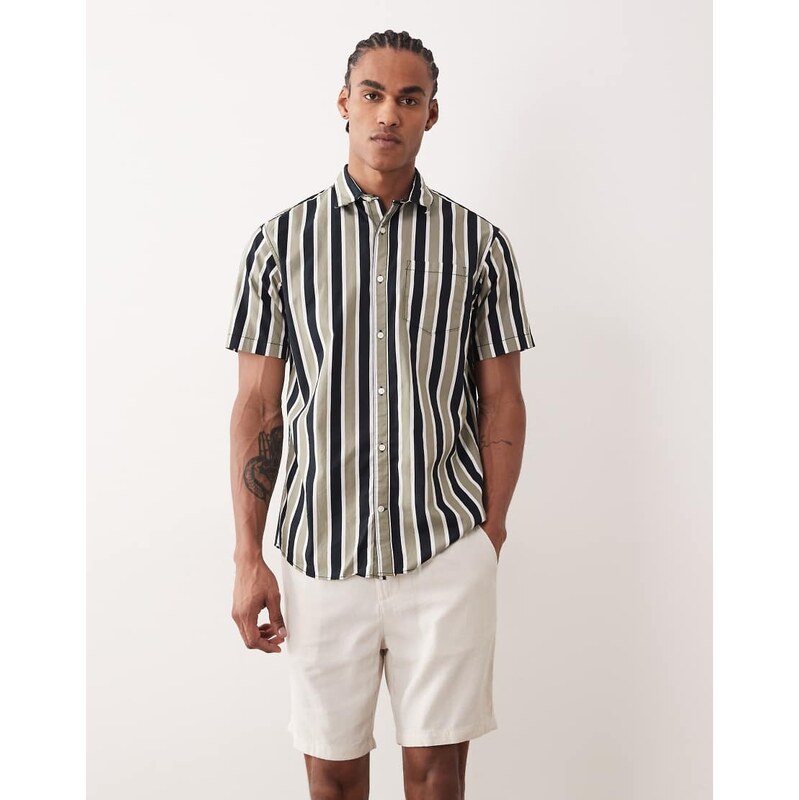 Jack & Jones short sleeve slim shirt in khaki and black stripe