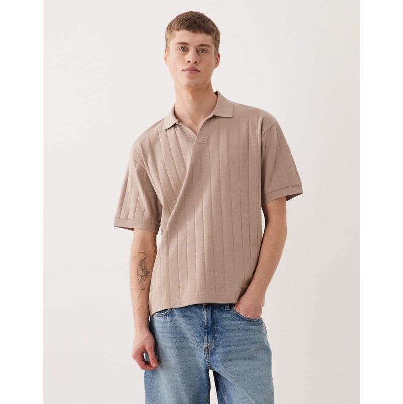 ASOS DESIGN relaxed revere polo in brown wide rib-Neutral