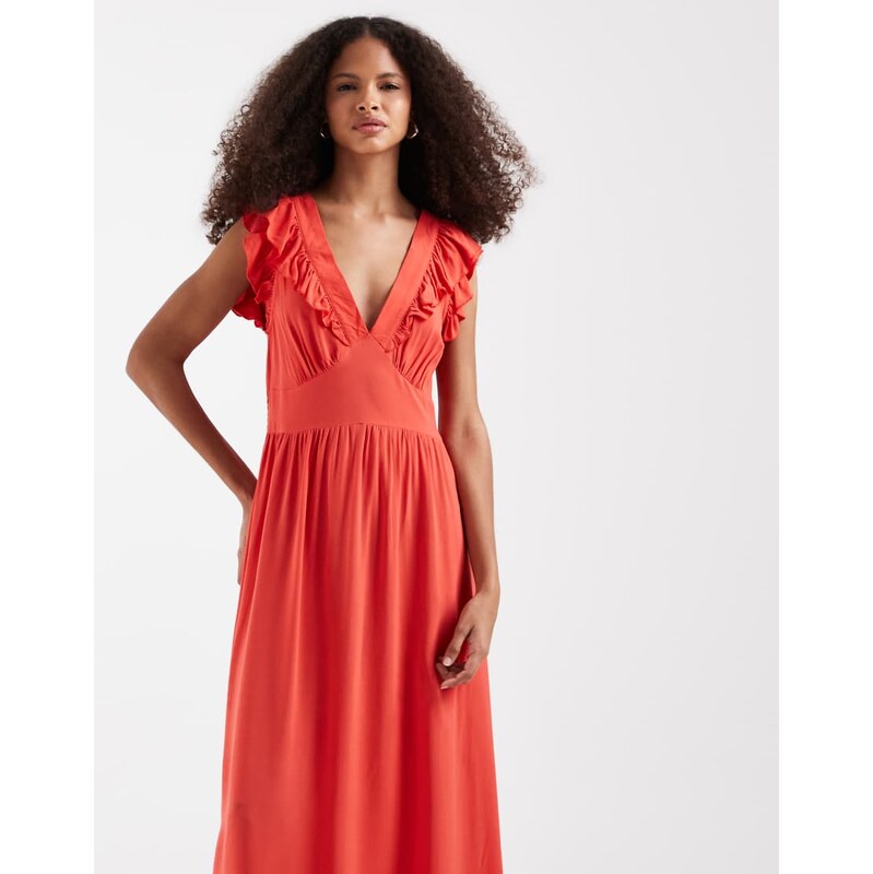 Vero Moda Easy Joy ruffle shoulder plunge front midi dress in