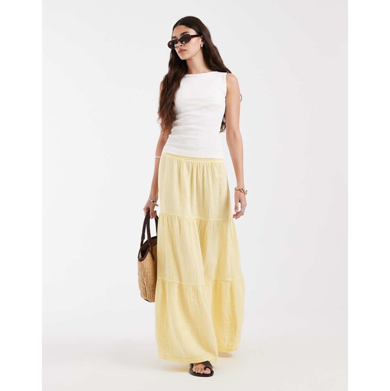 Pieces boho tiered maxi skirt in pastel yellow 115522578