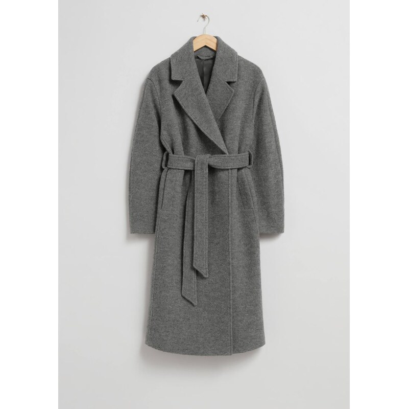 H&M - Volný vlněný kabáts páskem - šedá 114962783