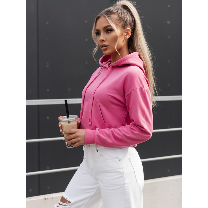 BASIC Růžová crop mikina s kapucí TRENDHOOD Tmavě růžová