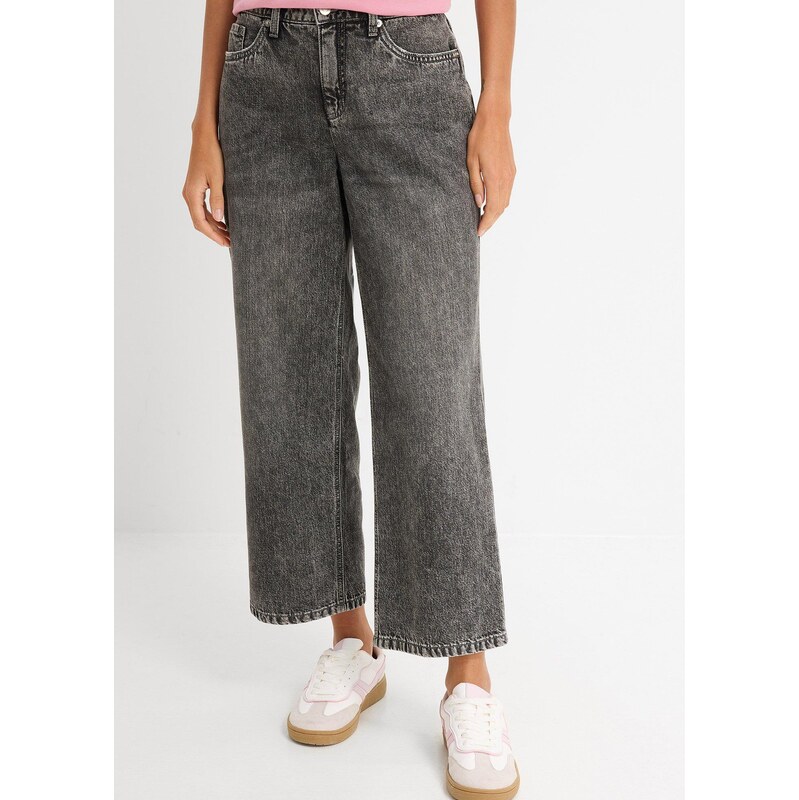 bonprix Džíny Loose Straight, Mid Waist, zkrácené šedá Žena