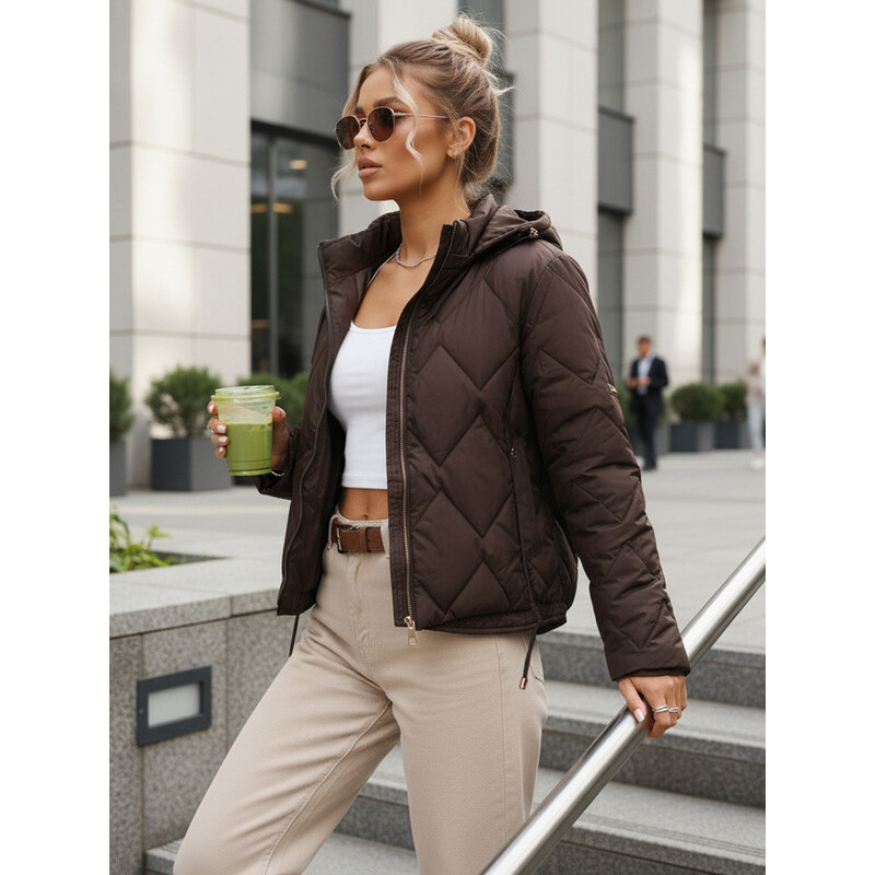 Dámská přechodná prošívaná bunda s kapucí hnědá FashionStreet TY5670 114964057
