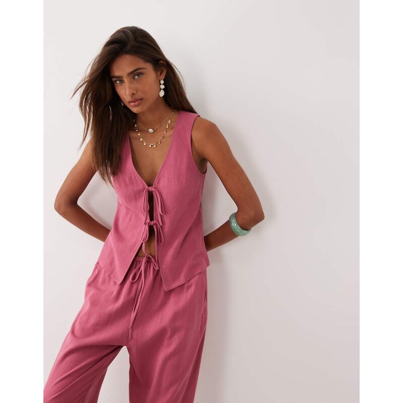 Miss Selfridge linen look tie front waistcoat in raspberry-Pink
