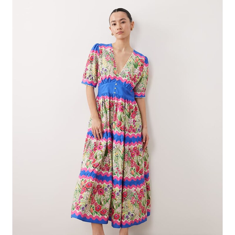 Hope & Ivy Petite v-neck puff sleeve smock midi dress in pink and blue 115070923