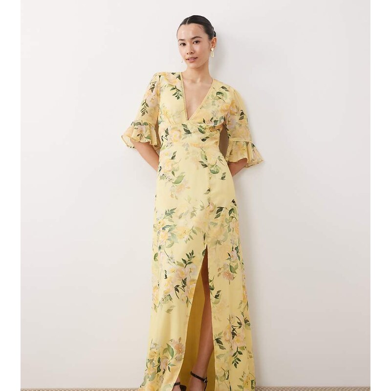 Hope & Ivy Petite frill sleeve thigh split open back maxi dress in 115070925