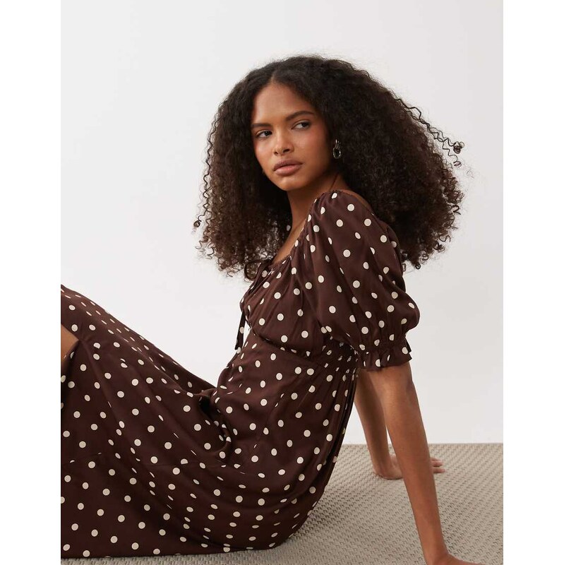 Miss Selfridge spun puff sleeve maxi dress in choc polka dot