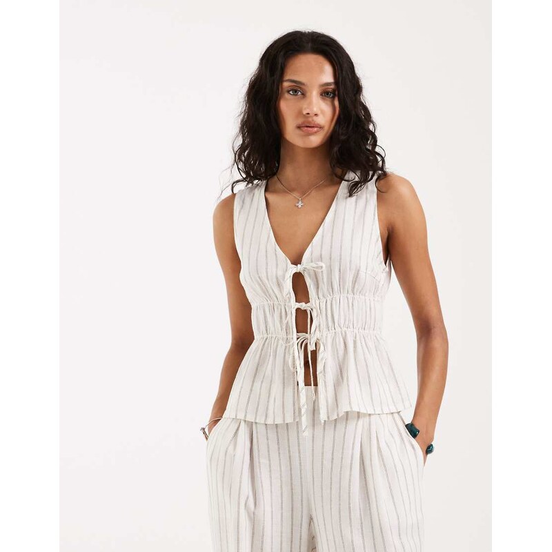 JJXX co-ord linen blend tie up front top in white stripe
