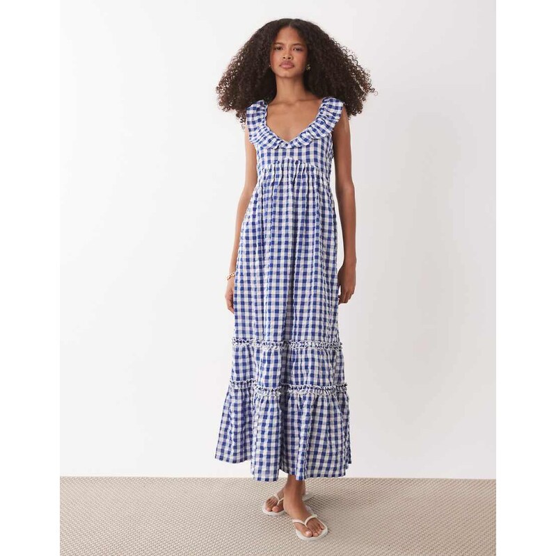 Accessorize gingham print midi beach dress in navy blue