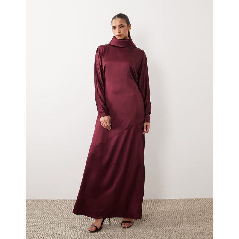 Daska satin draped cowl neck batwing maxi dress in burgundy-Pink 115354960