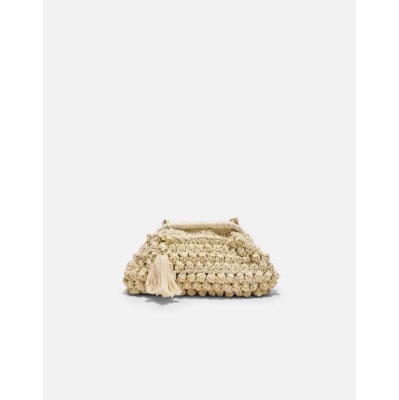 Stradivarius Metallic thread crochet bucket bag in ecru-White 114969826