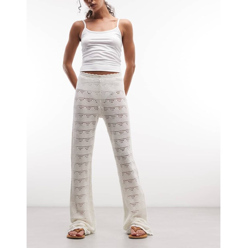 Monki crochet style wide leg trouser in white