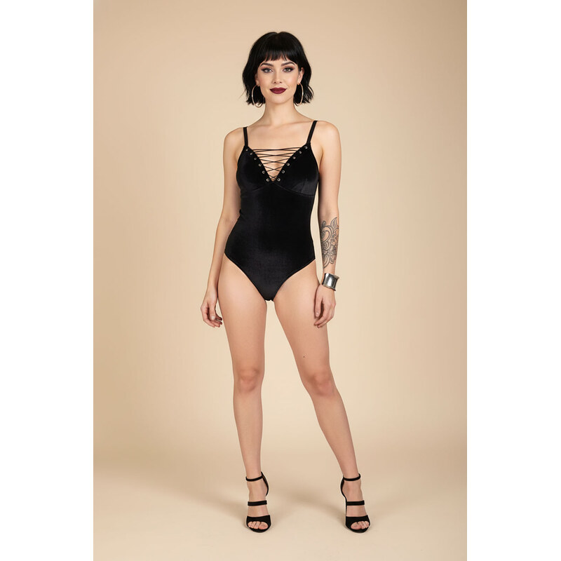 MANON Černé sametové body se šněrováním 114857142