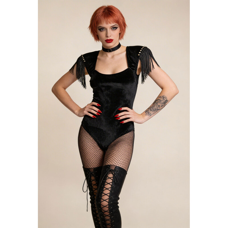MANON Černé sametové body s třásněmi 114857178