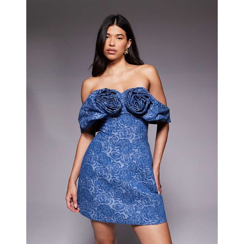 ASOS LUXE bandeau corsage off the shoulder dress in floral denim-Multi 114969232