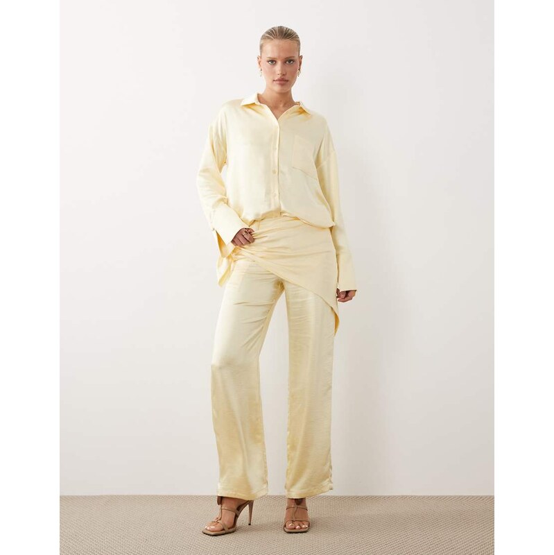 4th & Reckless satin wrap tie detail wide leg trousers co-ord in lemon 114969428