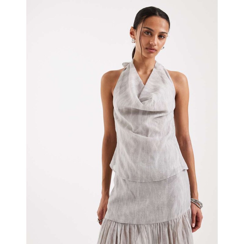 4th & Reckless chiffon cowl neck halterneck top co-ord in blue print 114969429