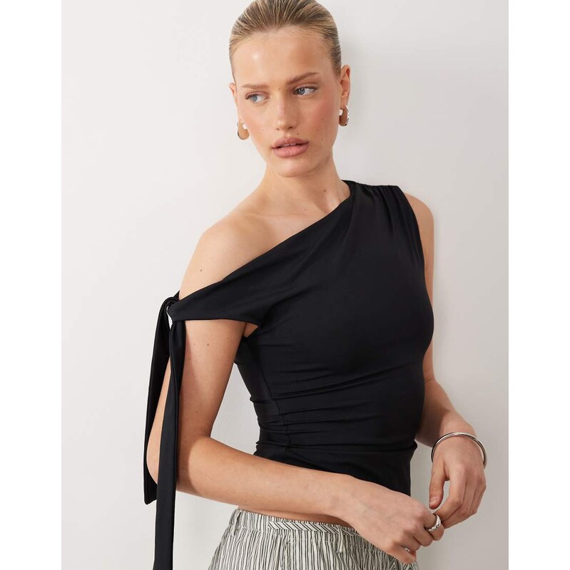 Gina Tricot soft one shoulder tie top in black