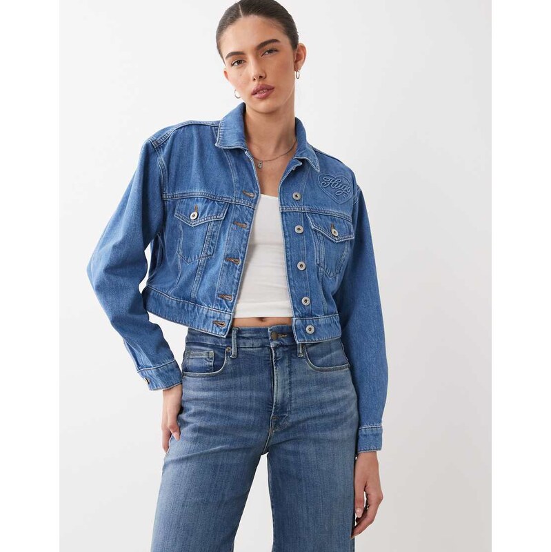 HUGO Blue galatea cropped denim jacket in mid blue 114969646
