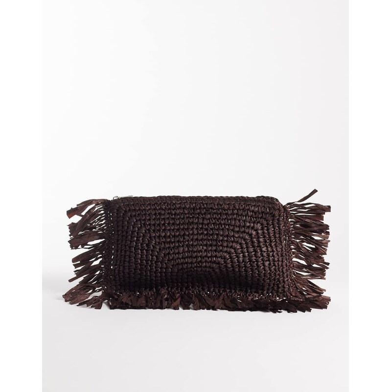 South Beach straw fringed clutch bag in chocolate brown 115517149
