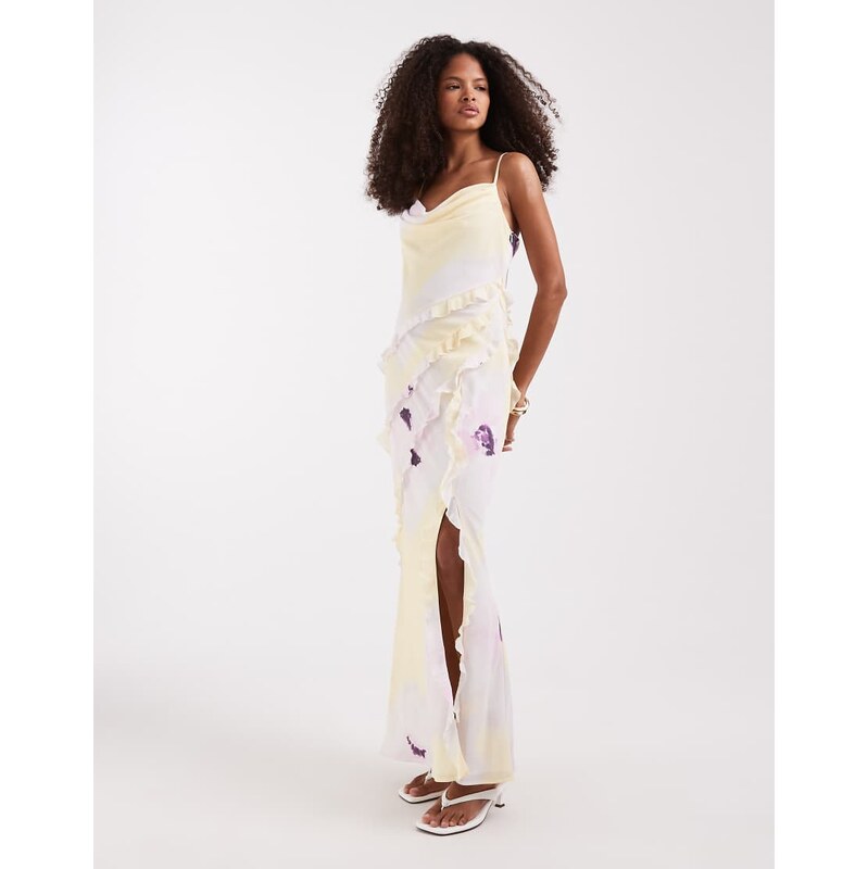Pretty Lavish ruffle cami cowl neck maxi dress in watercolour lemon 114969239
