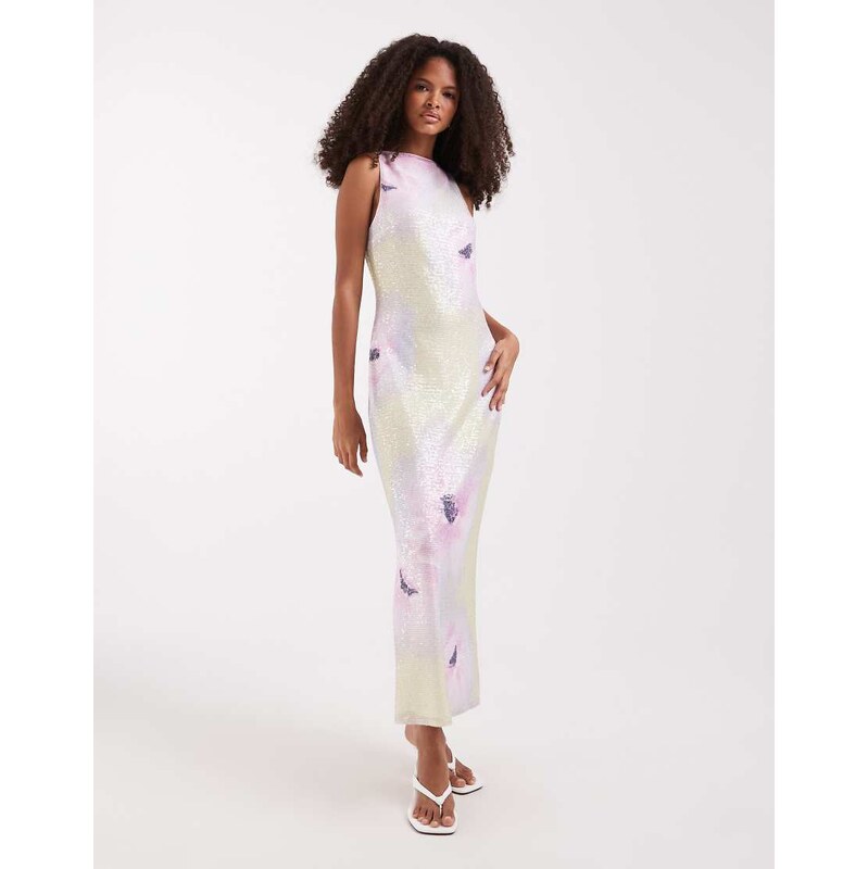 Pretty Lavish printed sequin midaxi dress in watercolour lemon floral 114969238