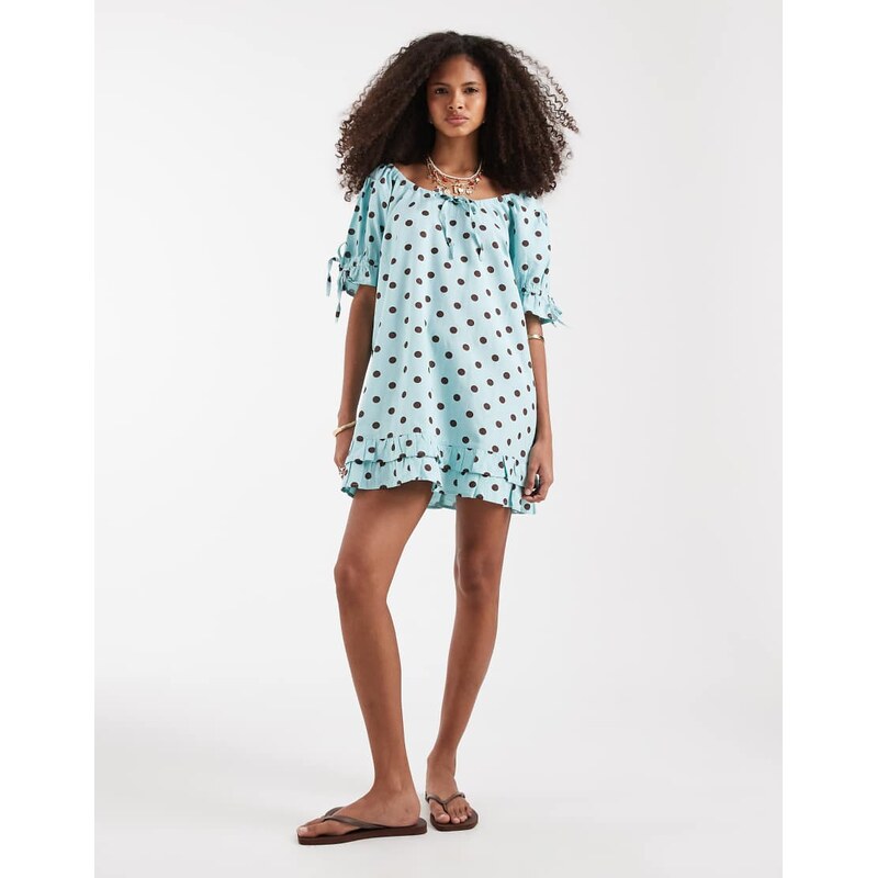 Neon Rose smock dress in sea moss polka dot-Blue