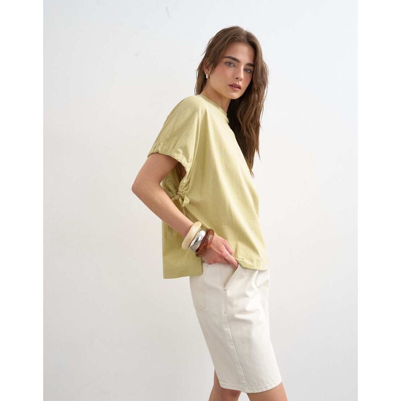 Topshop hybrid tie sleeve tee in soft khaki-Green