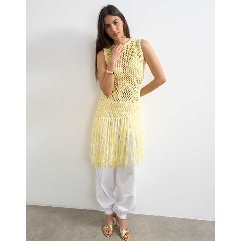Topshop knitted tape fish net scoop neck top in yellow