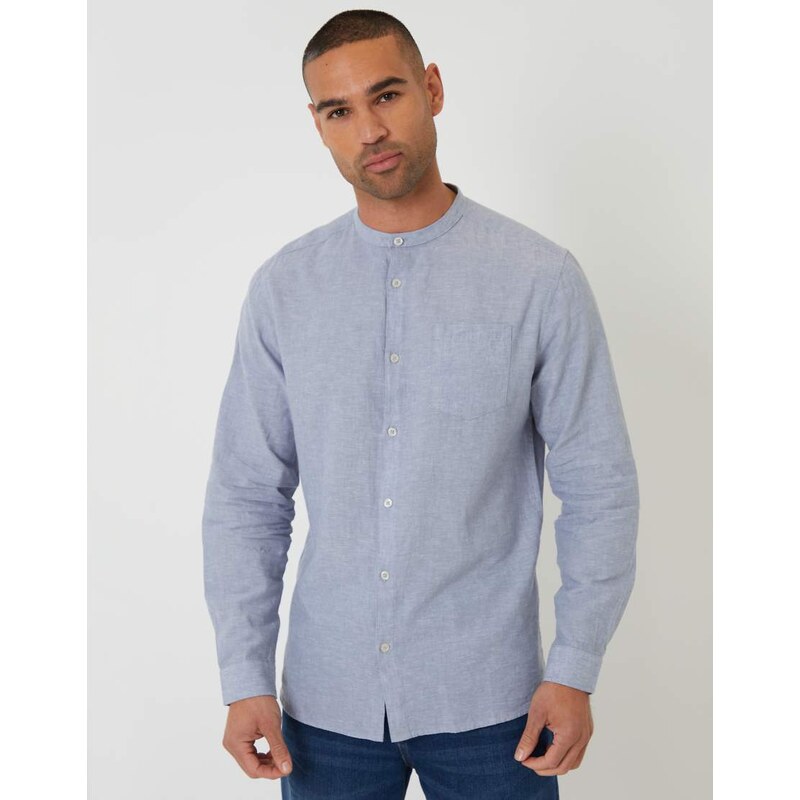 Threadbare long sleeve linen mix shirt with grandad collar in