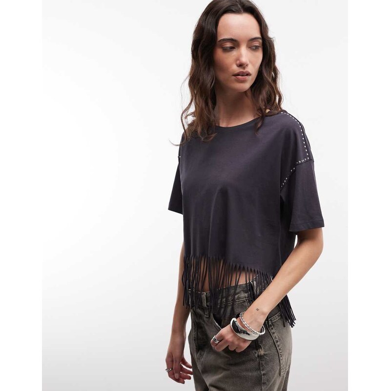 Noisy May fringed t-shirt with stud detail in charcoal-Grey 114969507