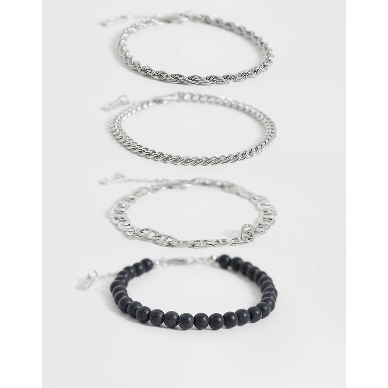 ASOS DESIGN 4 pack beaded and rope chain bracelet in silver 114969539