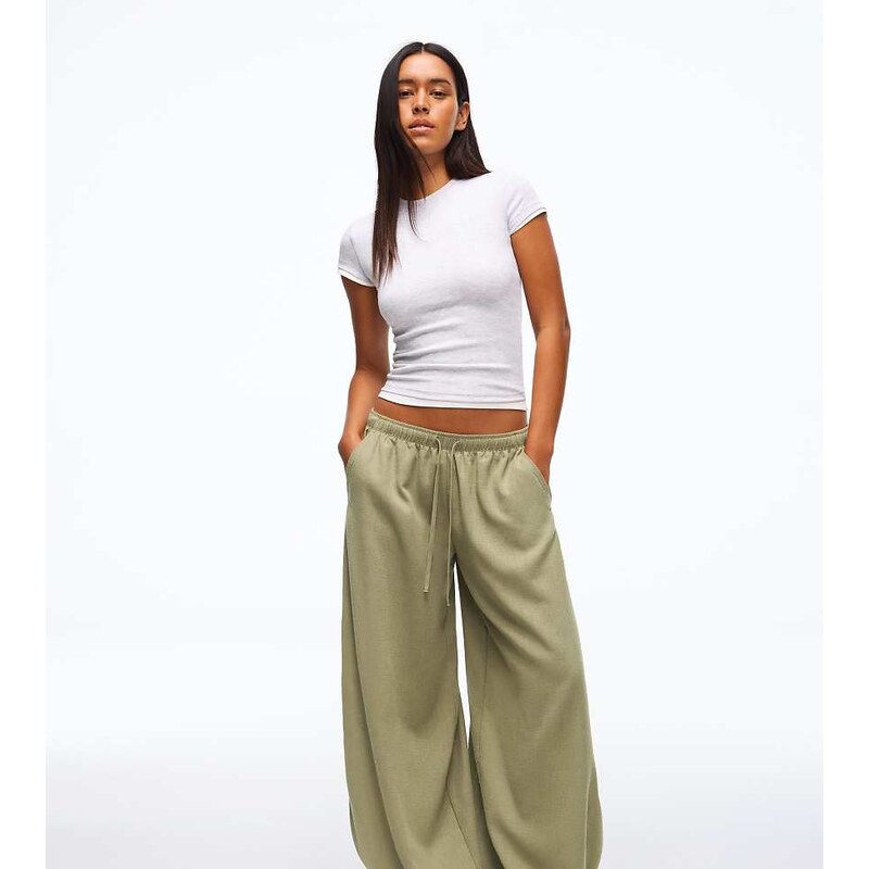 Bershka Tall rustic sarouel trousers in khaki-Green