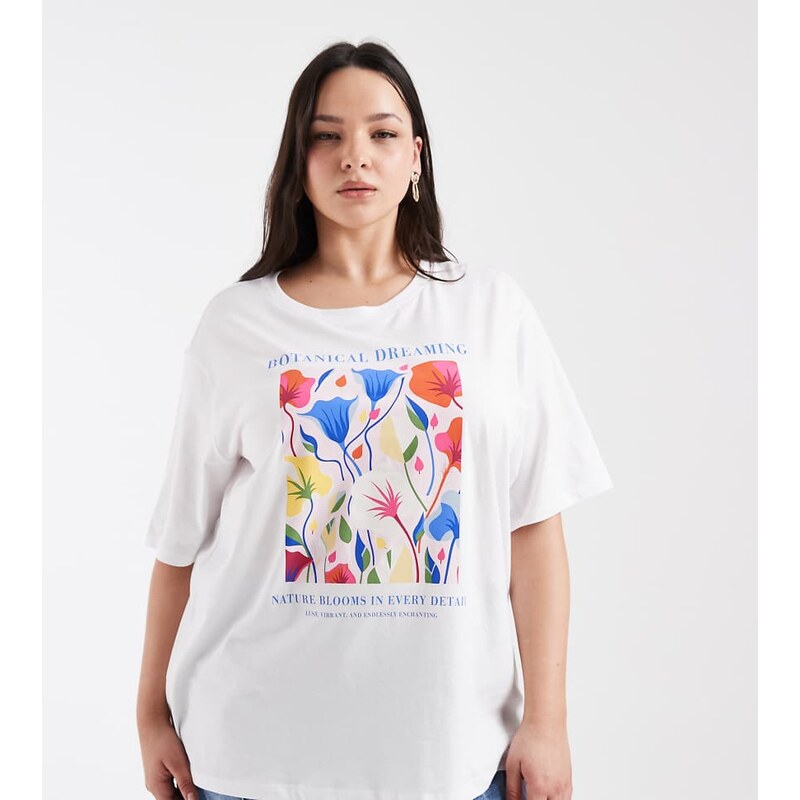 ONLY Curve flower graphic print oversized t-shirt in white