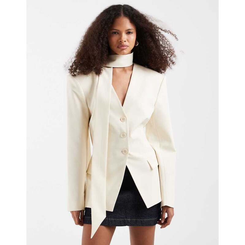ASOS DESIGN cinch shoulder pad blazer with scarf in ivory-White 114969717