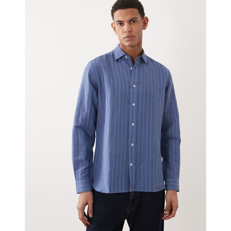Mango linen mix long sleeve striped shirt in blue