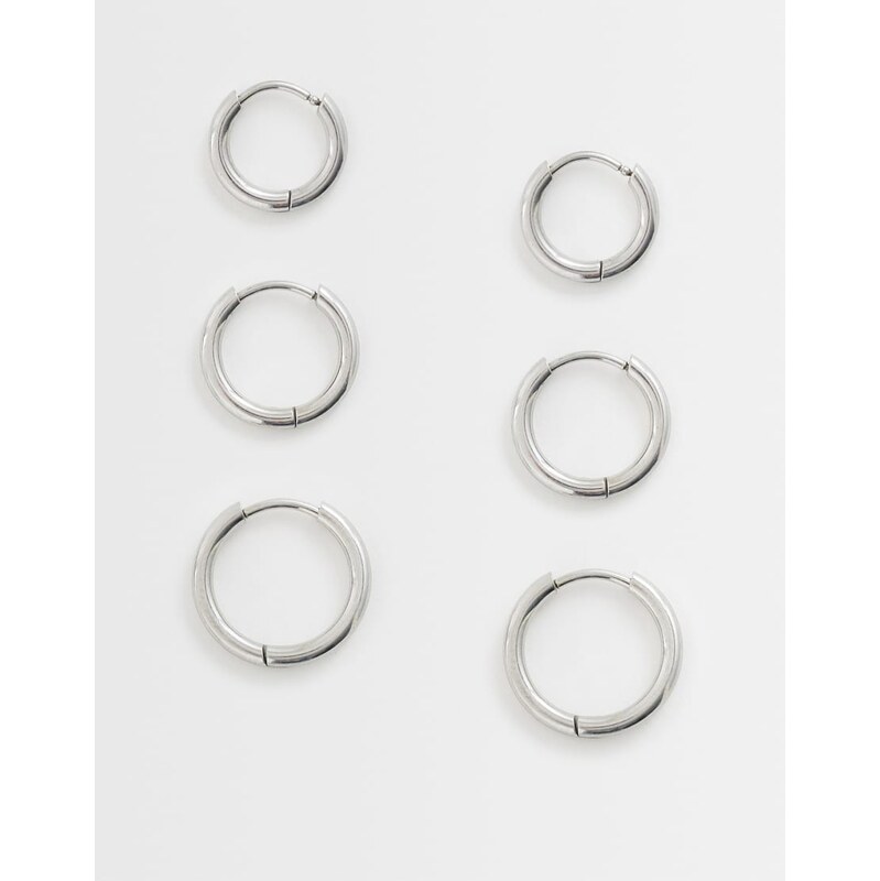 ASOS DESIGN waterproof stainless steel pack of 3 hoops in