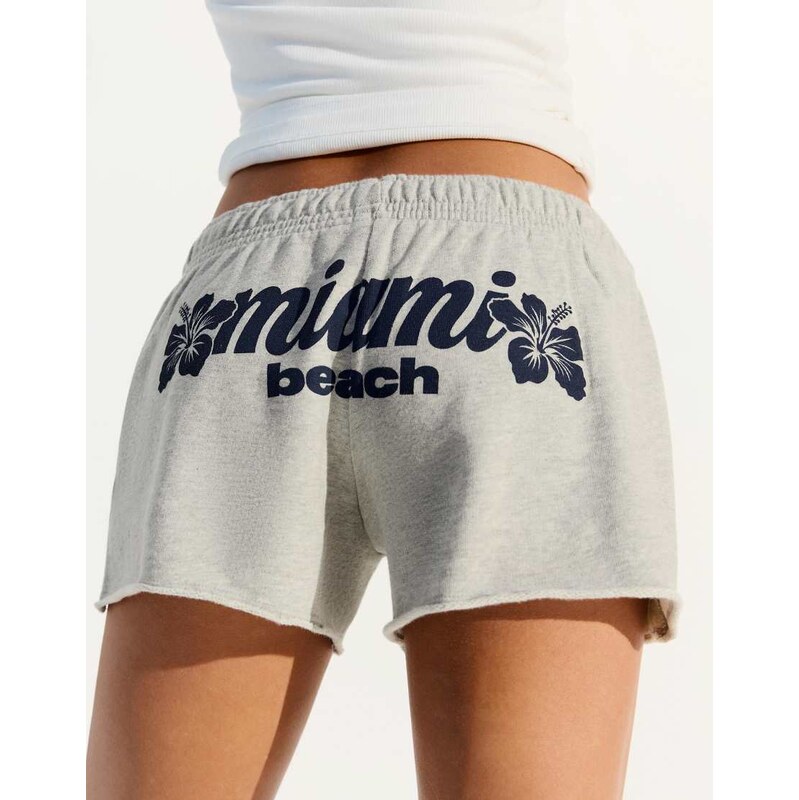 Bershka Embroidered fleece shorts in light grey