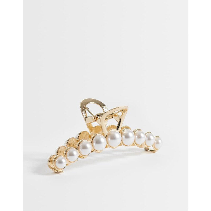 ASOS DESIGN hair claw clip with faux pearl detail in gold tone-Multi 114971665