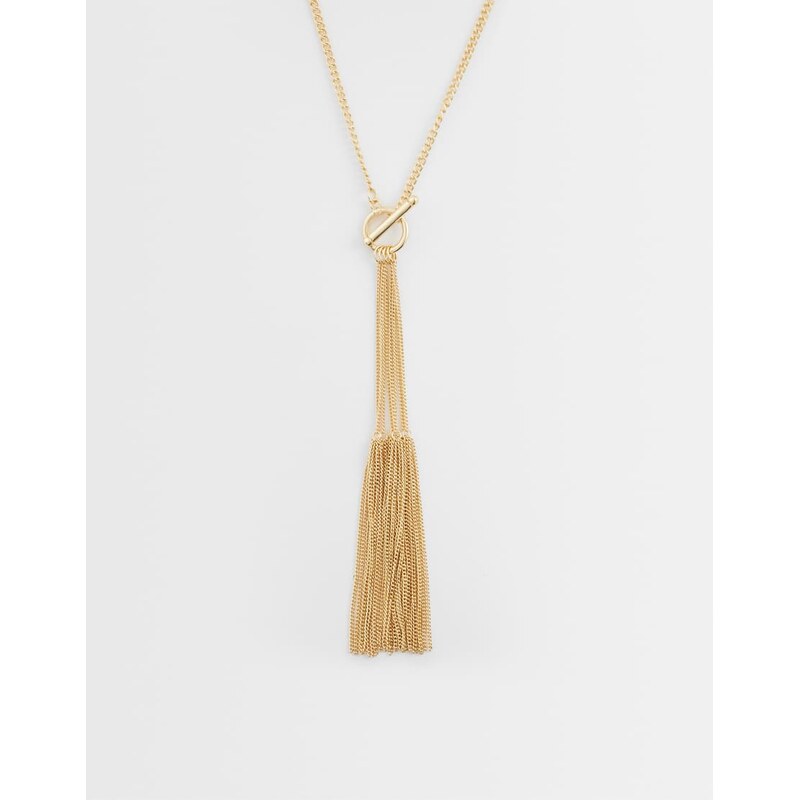 ASOS DESIGN t-bar lariat necklace with tassel chains in gold tone 114971666